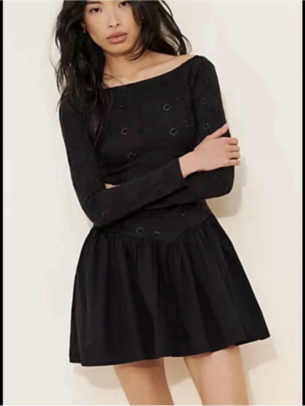 Free People Surley Mini Dress. Black M bubble skirt eyelet top